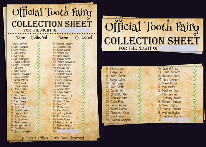 tooth fairy magic collection sheet